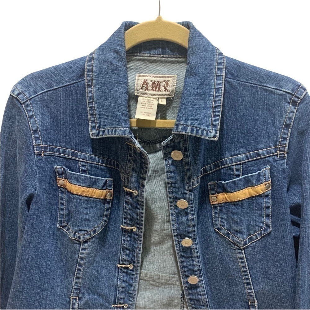 AMI Denim Button Down Jean Jacket w/ Tan Trim Sz S - Picture 2 of 11